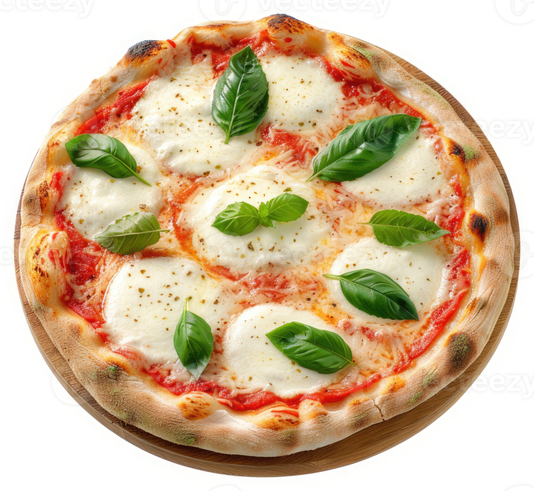 A delicious, round pizza topped with mozzarella cheese, tomato sauce, and fresh basil. png