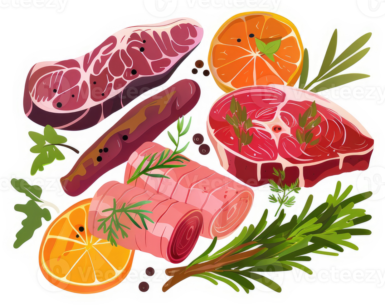 A colorful assortment of meats, citrus fruits, and herbs for a culinary feast. png