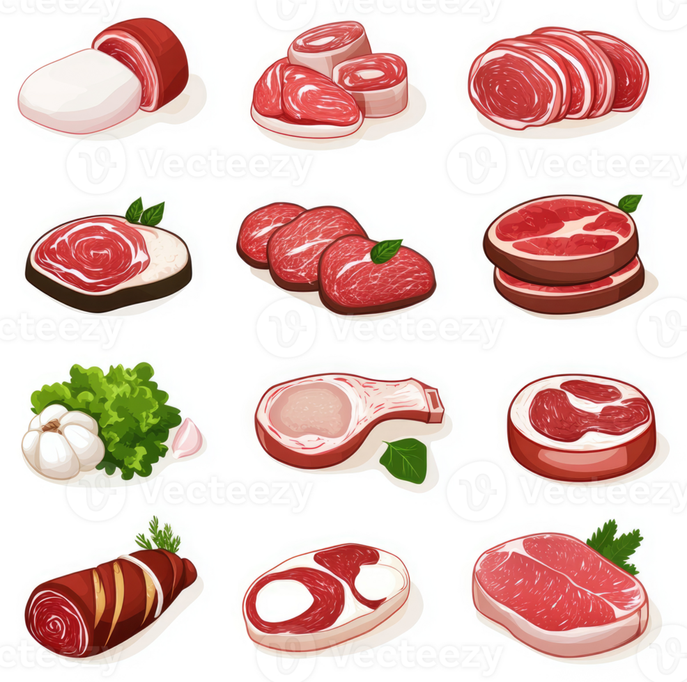 Assorted cuts of meat, from steaks to roasts. png