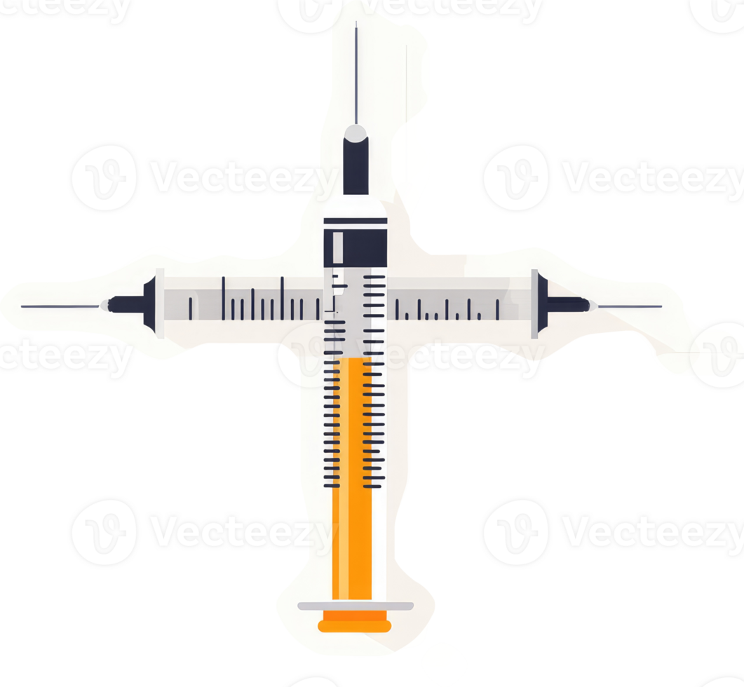 A stylized illustration of two syringes positioned in a cross-shape. png