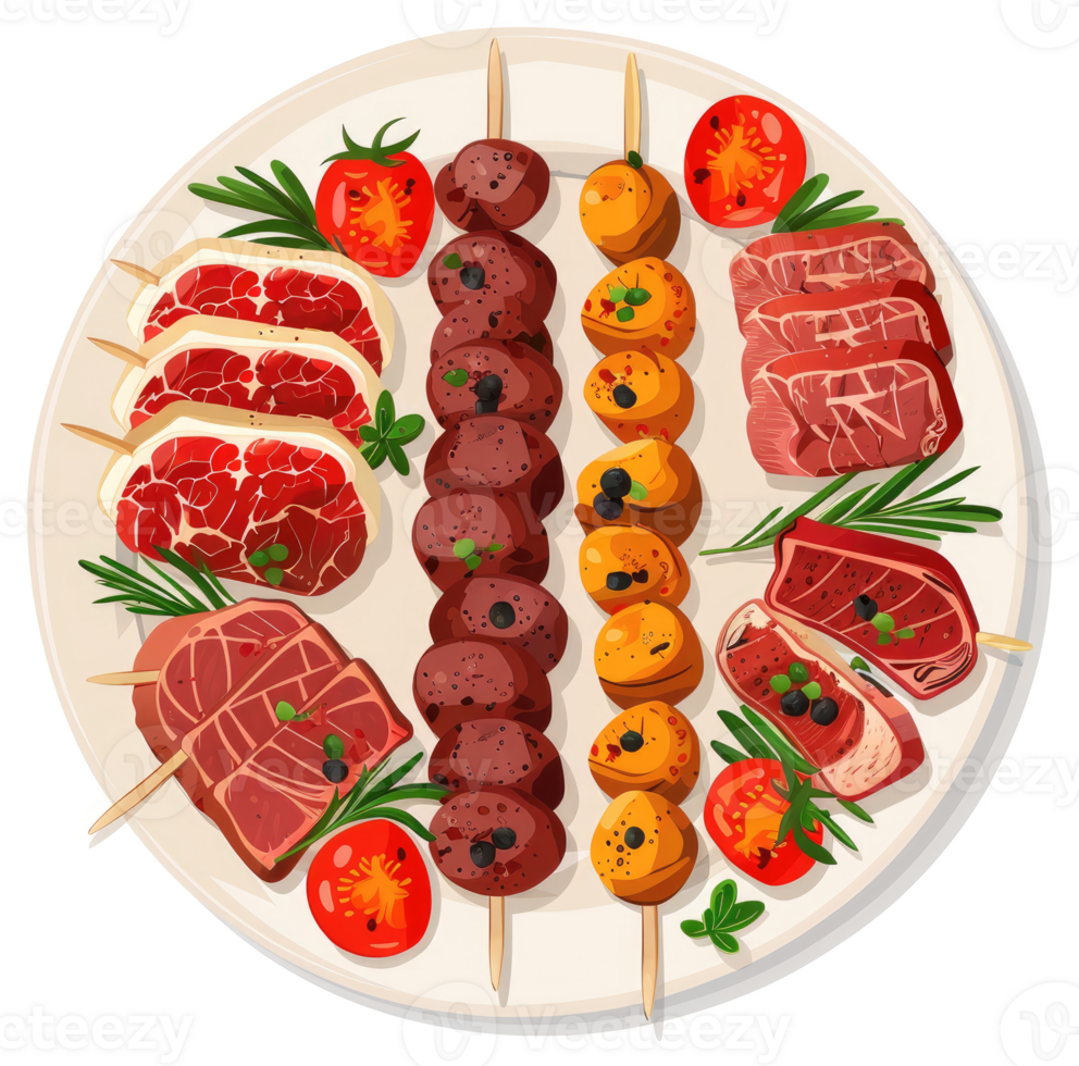 A platter of assorted grilled meat and vegetable skewers. png