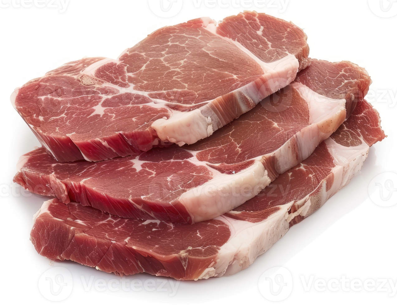 Three raw pork chops stacked on a white background. png