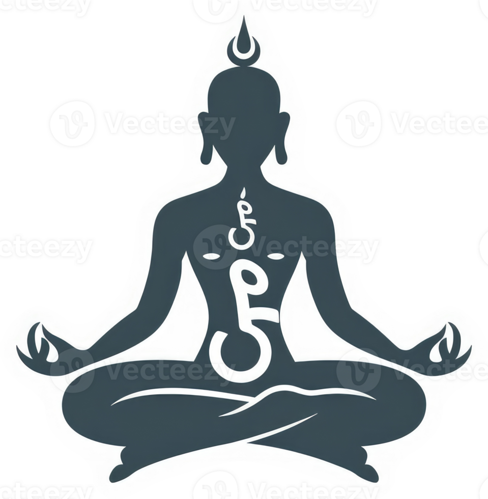Silhouetted figure in a meditative pose with spiritual symbols. png