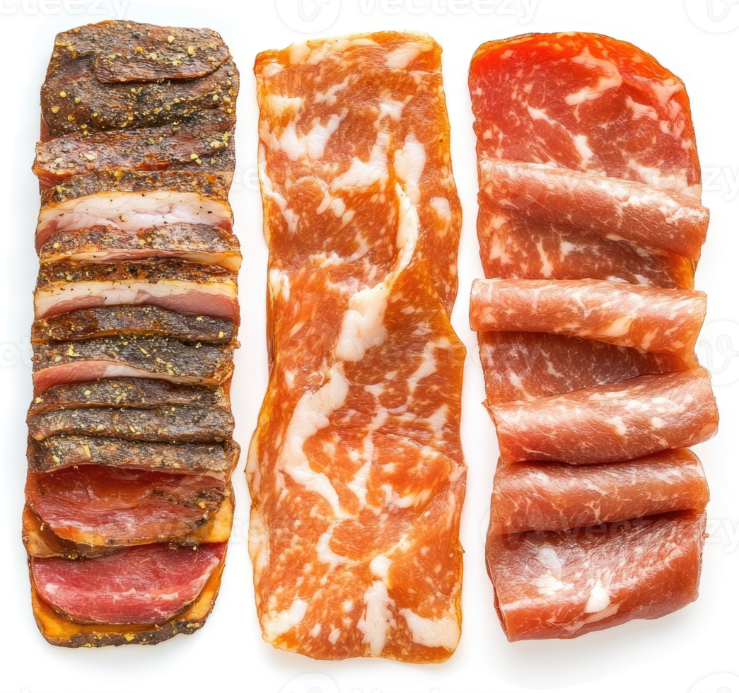 Assorted cured meats, sliced and ready to eat. png