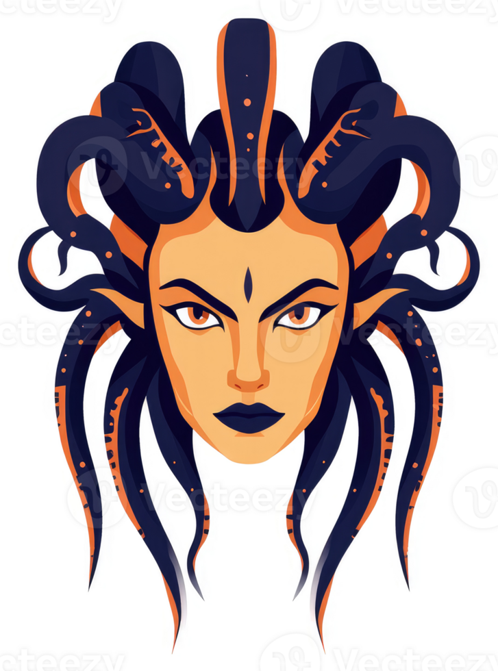 A stylized depiction of Medusa with snakes for hair. png