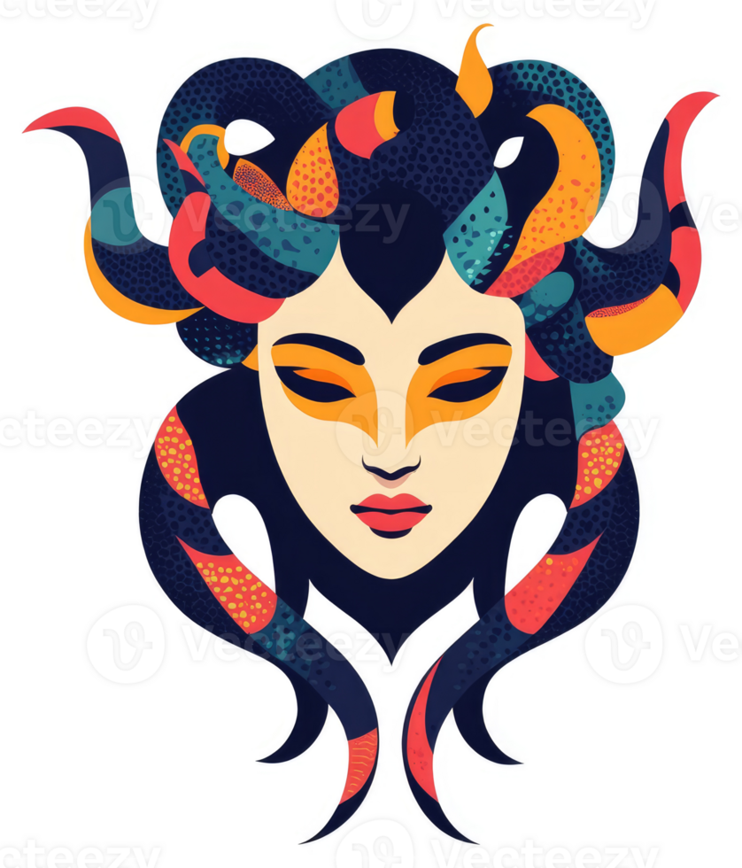 A colorful illustration of medusa, a gorgon with snakes for hair. png