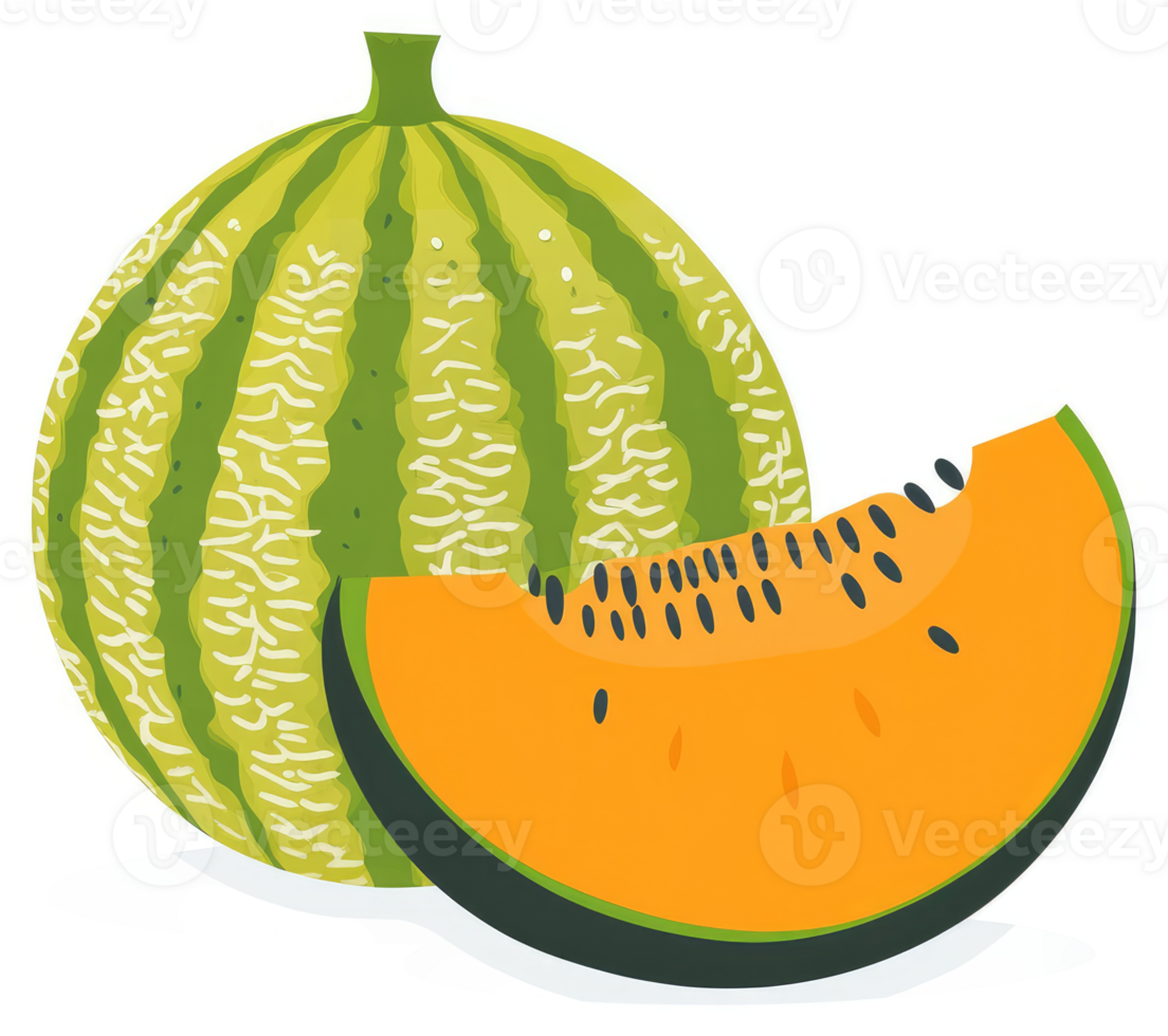 A whole cantaloupe and a cantaloupe slice on a white background. png
