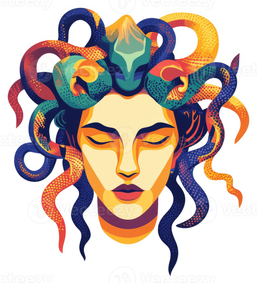 A colorful illustration of Medusa, a mythical creature with snakes for hair. png