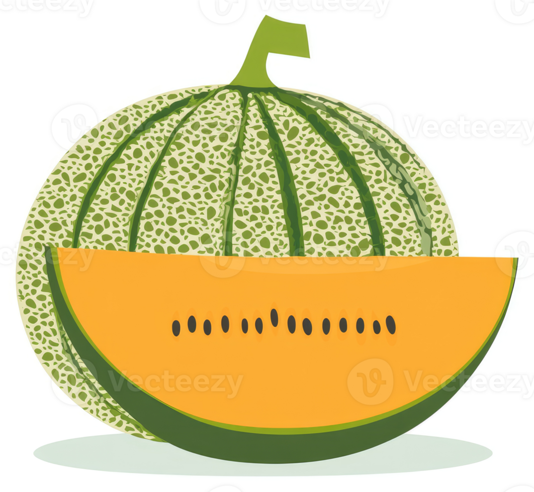 A whole cantaloupe with a slice, displaying its vibrant orange flesh and green rind. png
