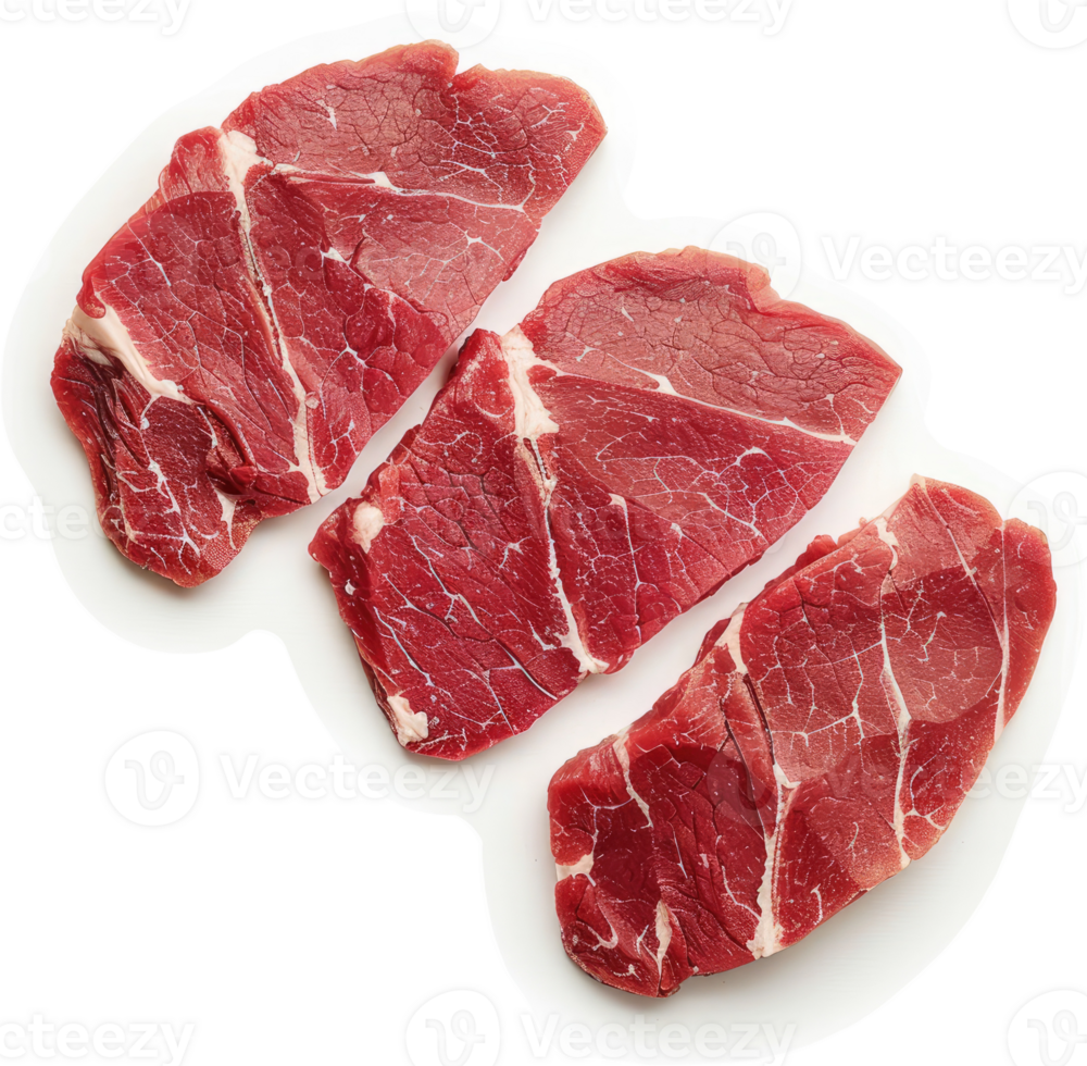 Raw beef steaks arranged on a white surface. png