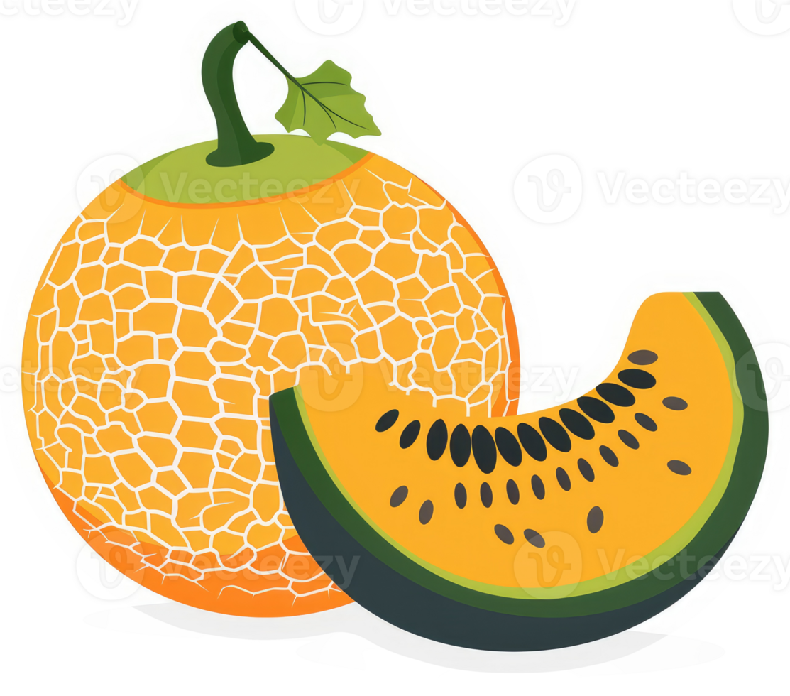 A cantaloupe and a slice of watermelon, a vibrant summer fruit display. png