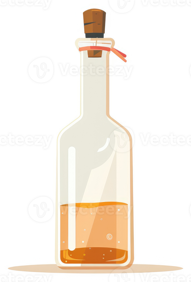 A glass bottle with a cork top filled with an amber liquid. png