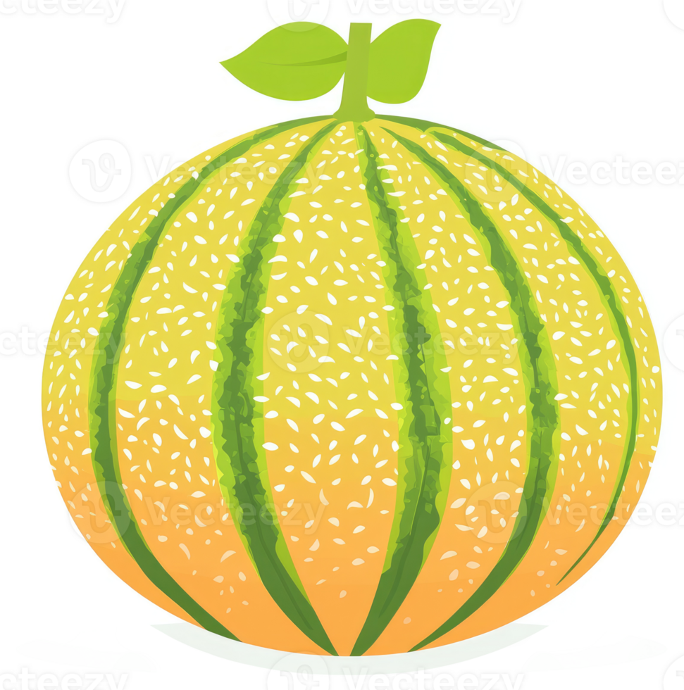 A vibrant illustration of a cantaloupe with green stripes. png