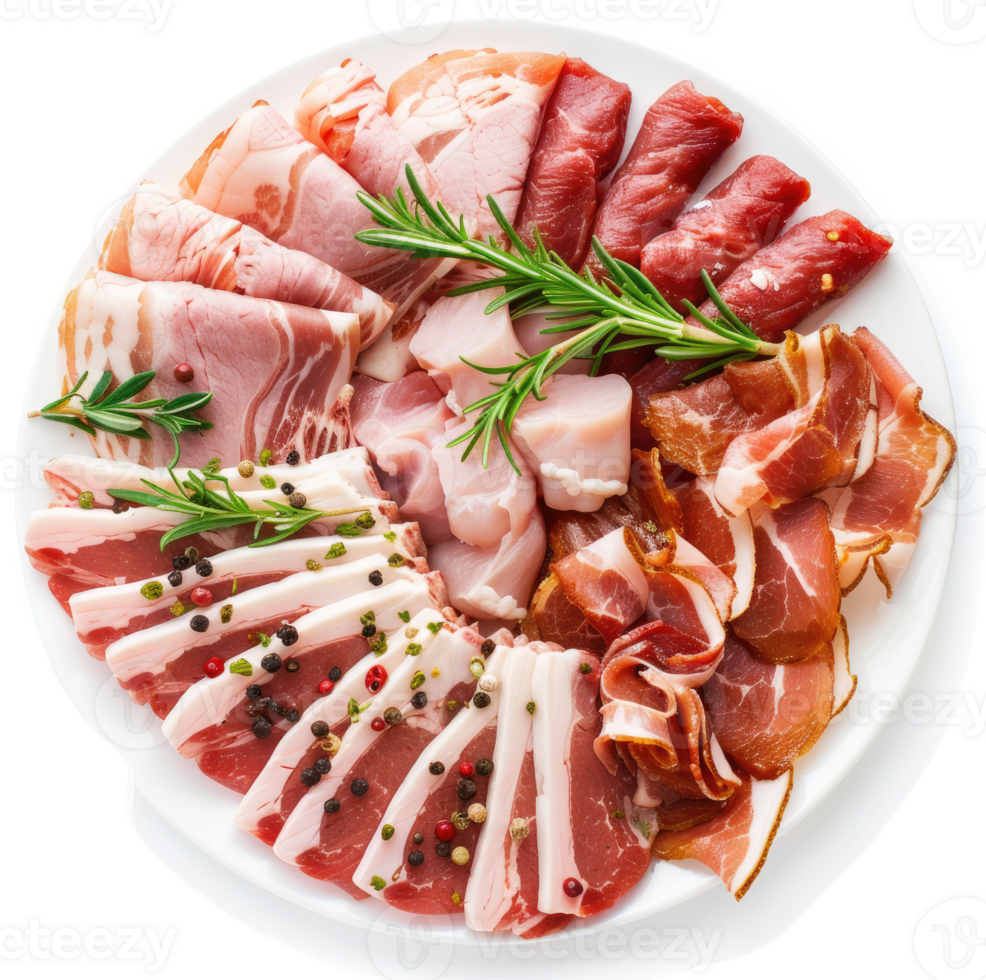 Assorted cured and fresh meats arranged on a platter. png