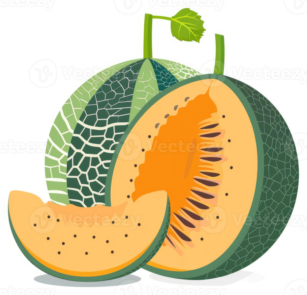A vibrant illustration of cantaloupe, showcasing its distinctive texture and juicy interior. png