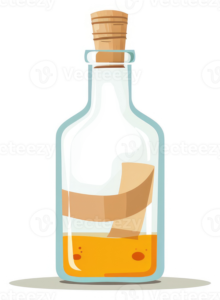 A glass bottle with a cork and a message, filled with an amber liquid. png