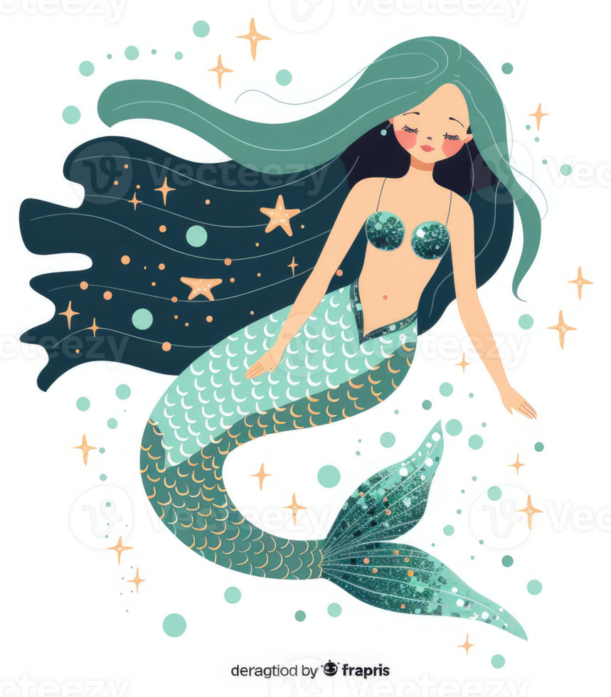 A cheerful illustration of a stylized mermaid with long flowing hair and a shimmering tail. png