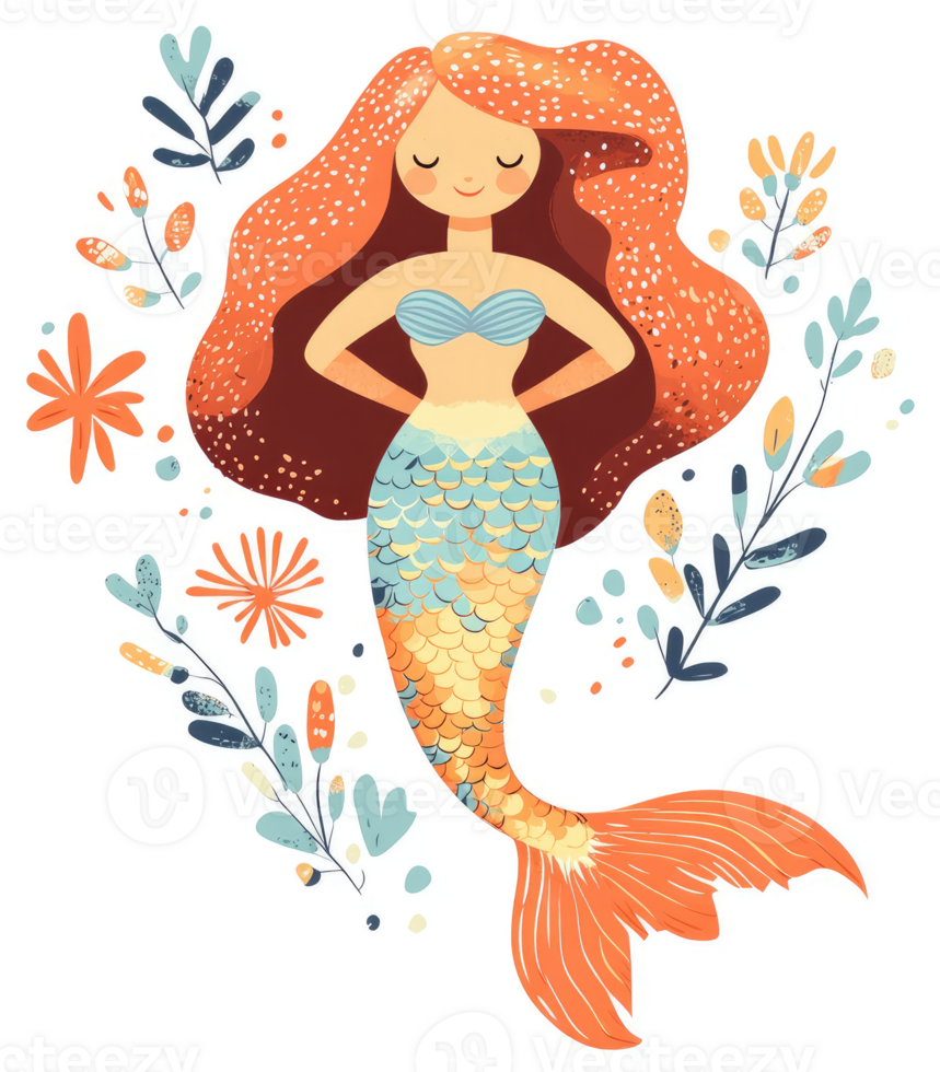 A charming illustration of a mermaid surrounded by floral elements. png