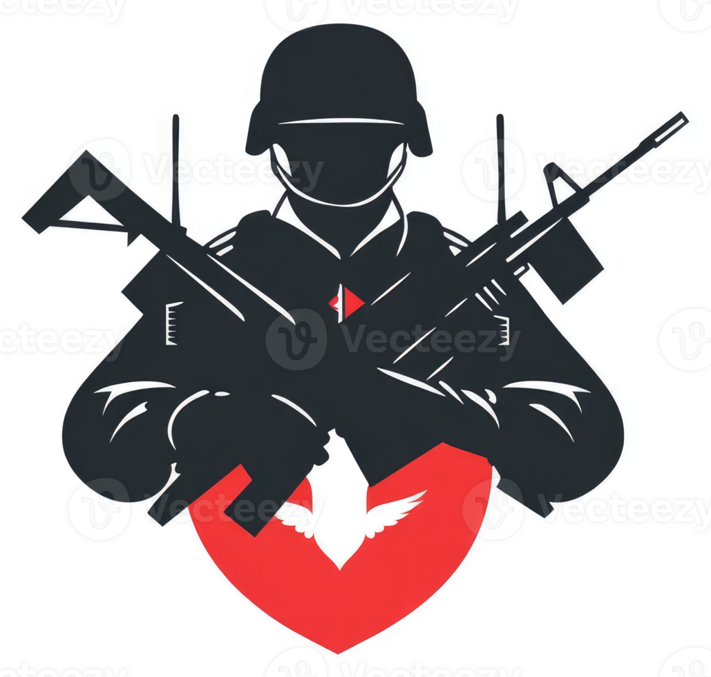 A soldier with weapons, a dove of peace, and a heart symbolizing a complex message of protection and conflict. png