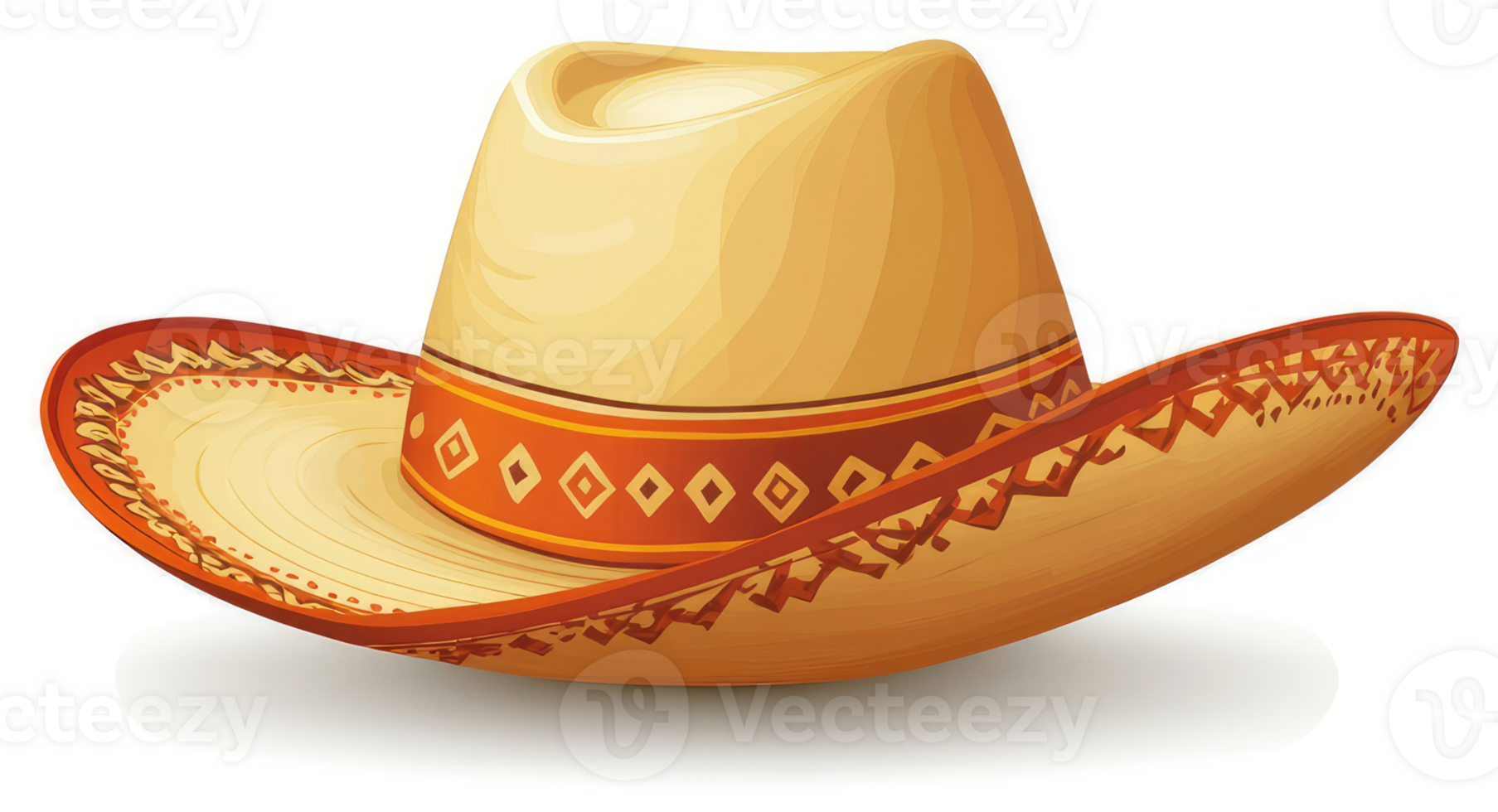 A vibrant, decorative, straw cowboy hat with intricate orange designs. png