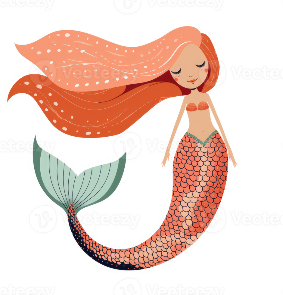 A whimsical illustration of a coral-colored mermaid with flowing hair. png