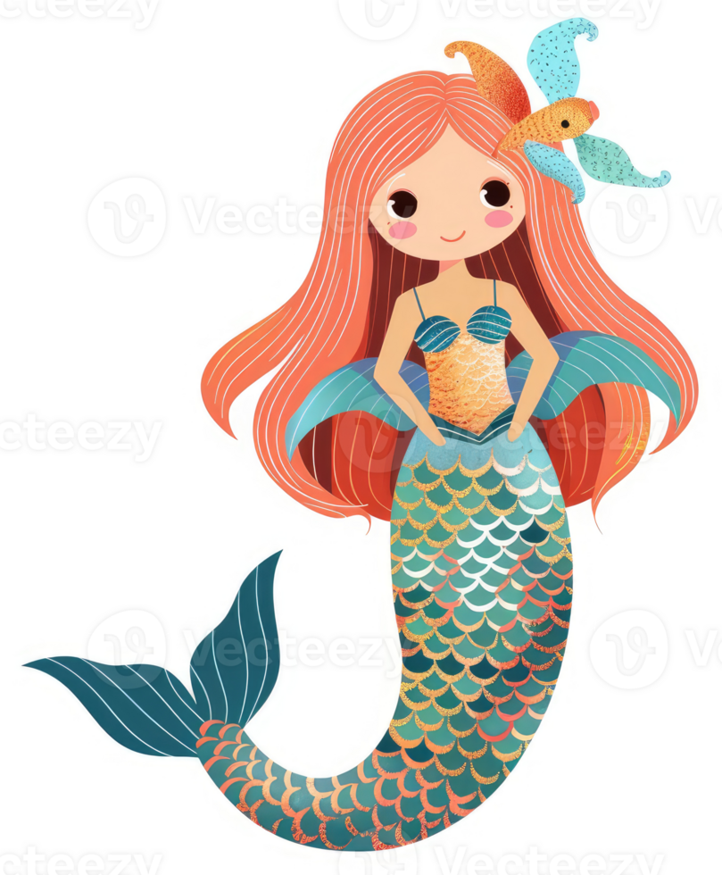 A charming illustration of a friendly little mermaid with vibrant colours. png