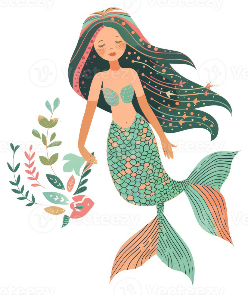 A graceful mermaid adorned with floral and aquatic elements. png