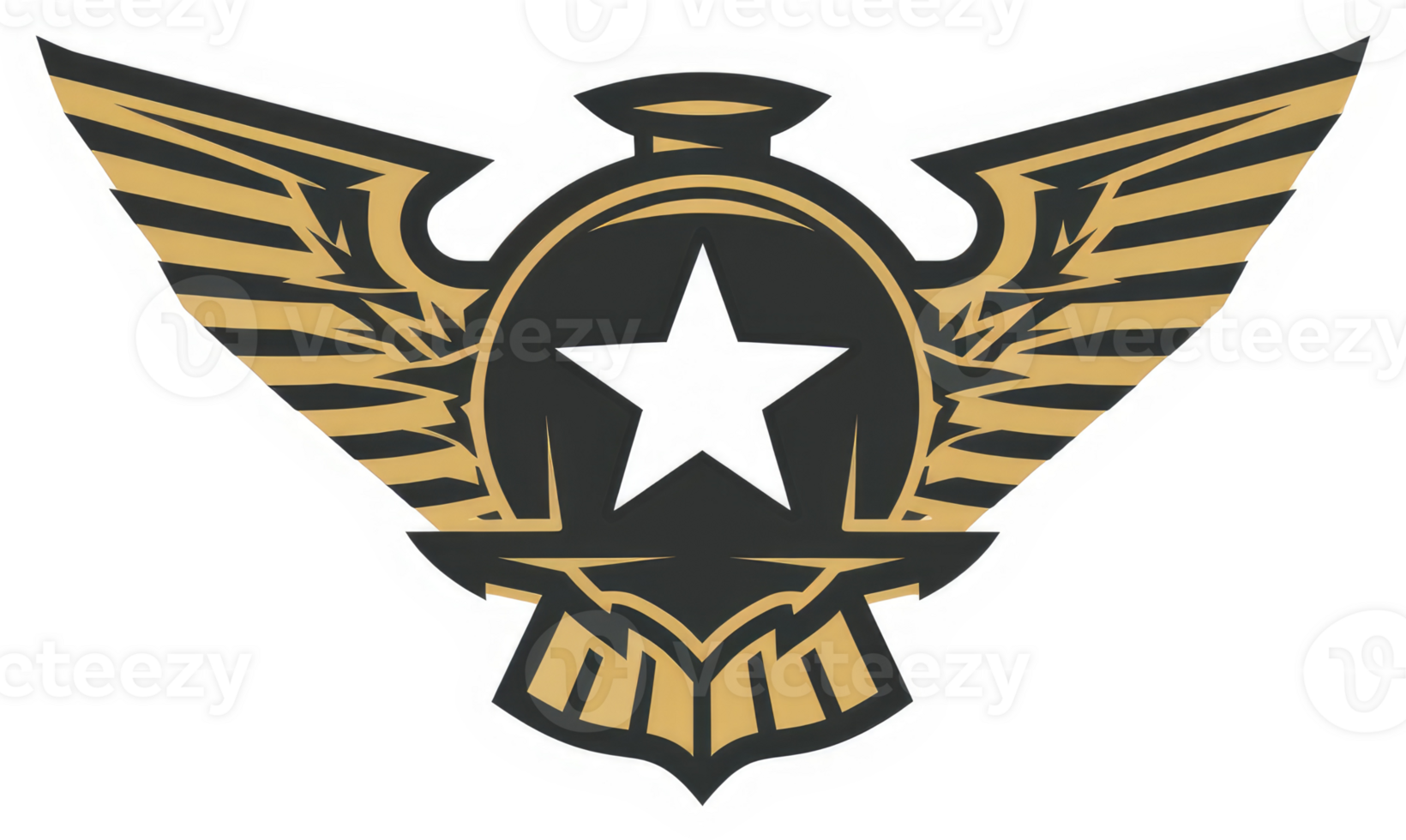 An emblem featuring an eagle's wings encircling a star-topped shield. png