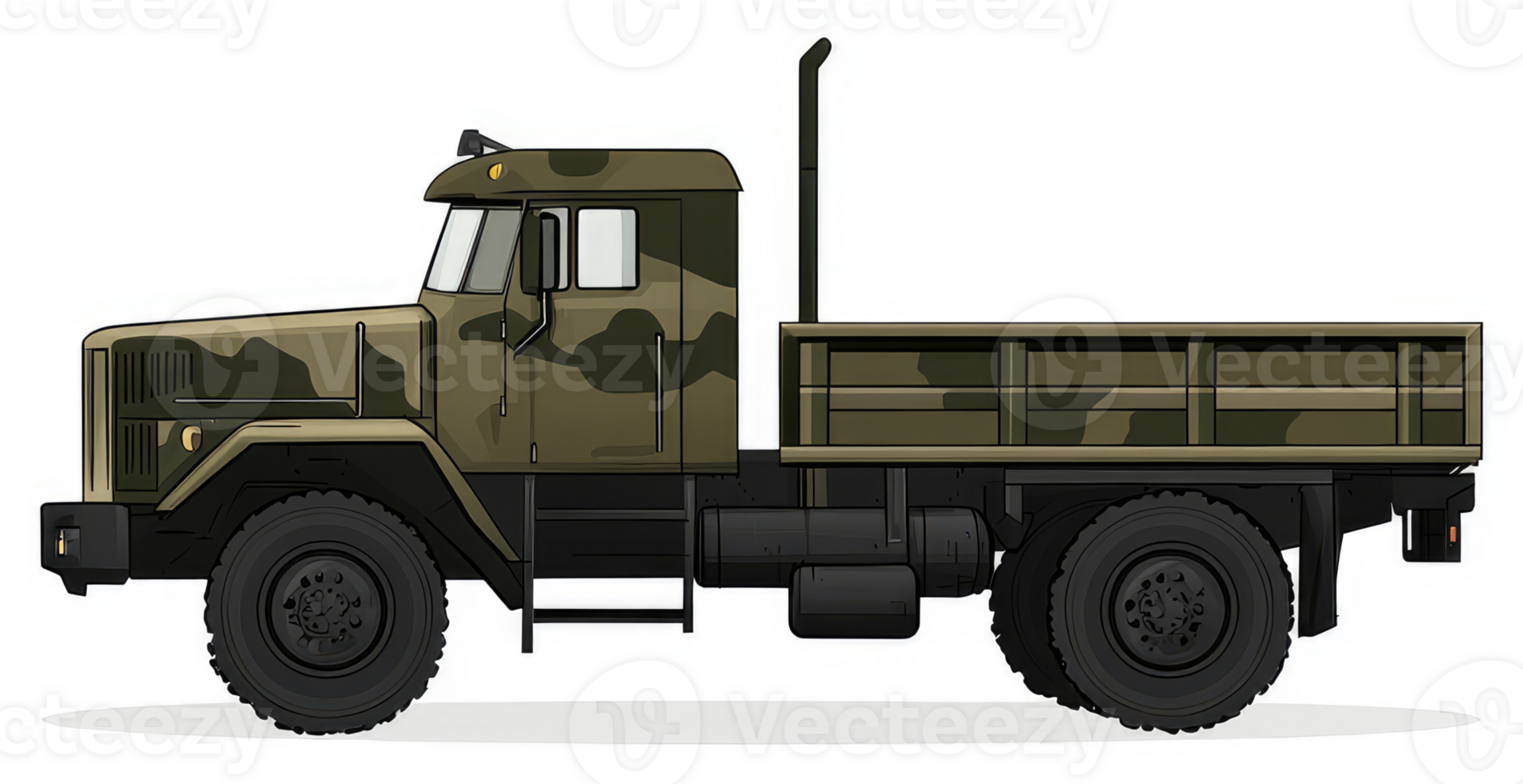 Side view of a military cargo truck in a camouflage pattern. png