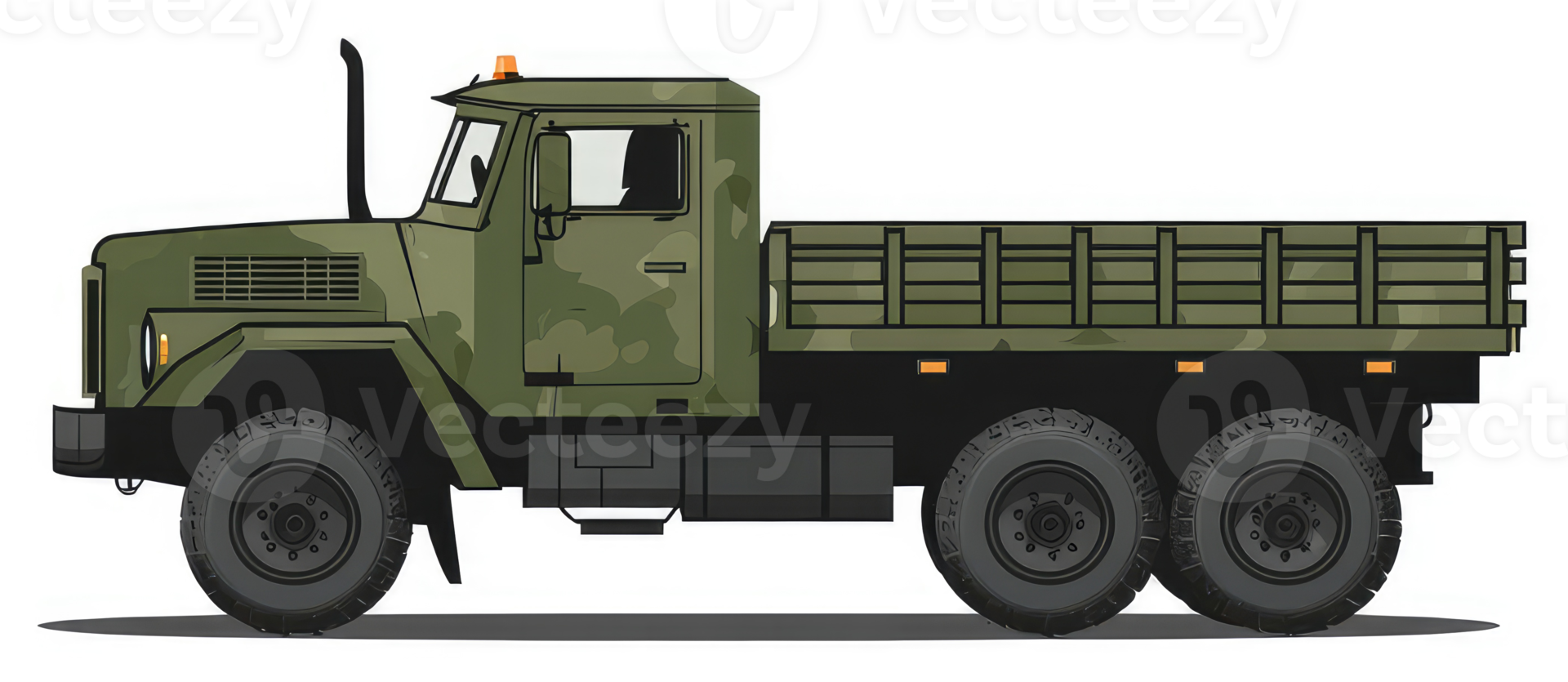 A military cargo truck in olive drab camouflage. png