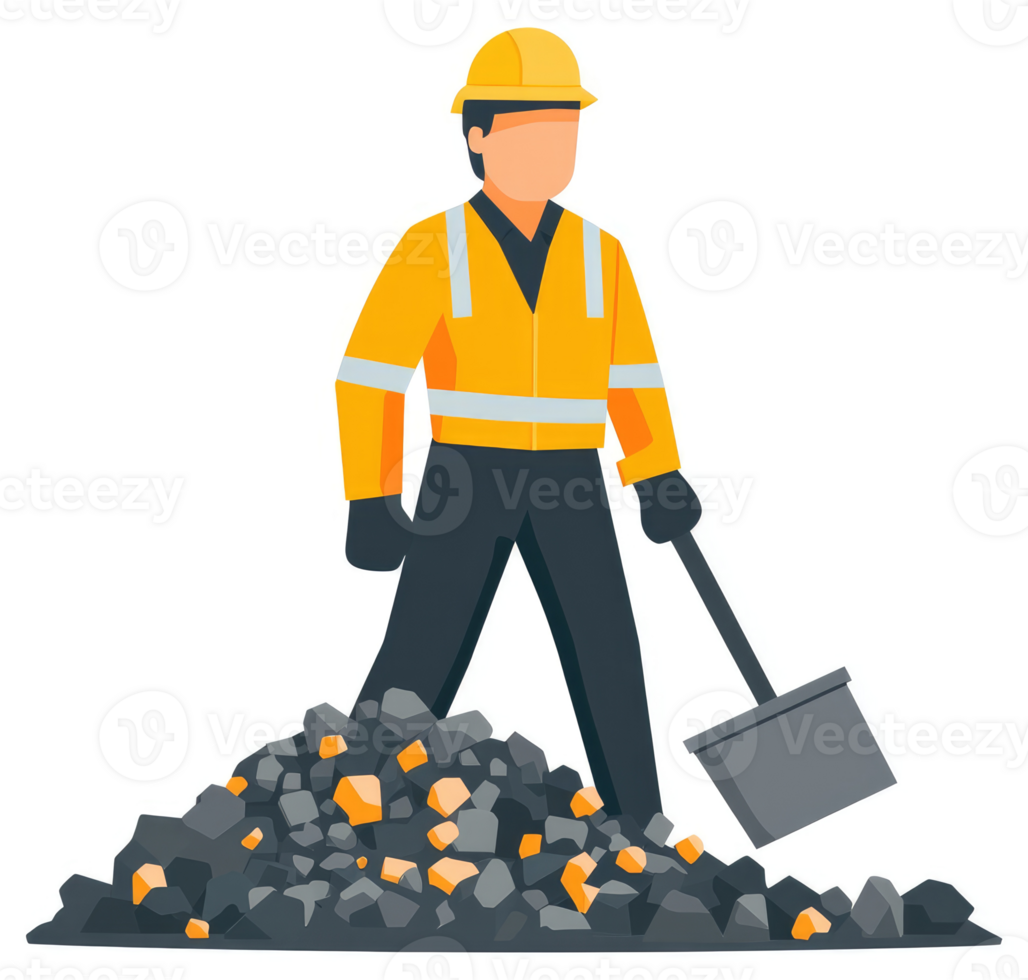 A construction worker in safety gear removes debris from a pile of rocks. png