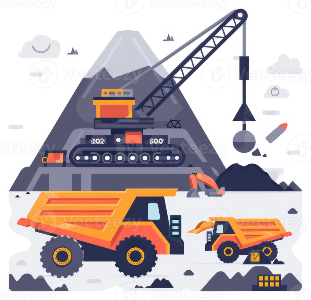 Mountain mining operation with heavy machinery. png