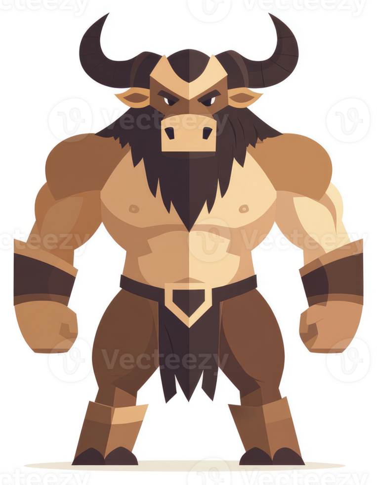 A powerful, mythical creature, the minotaur, with bull horns and muscular physique. png