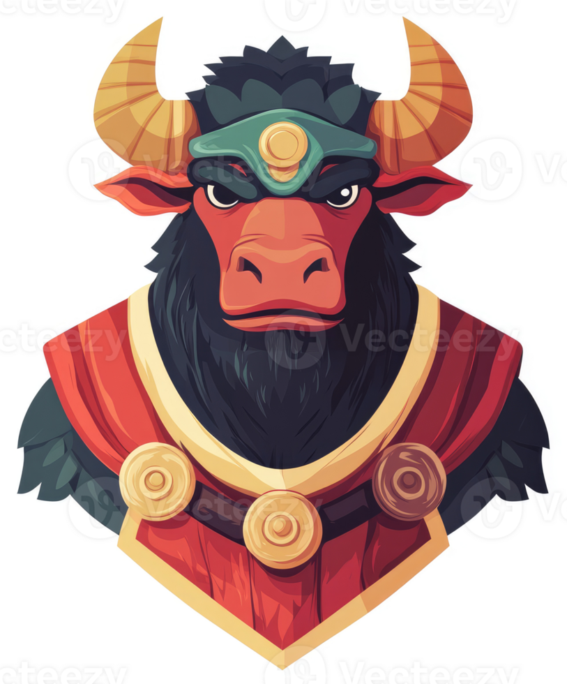 A fierce, stylized illustration of a mythical bull-like creature wearing ornate armor. png