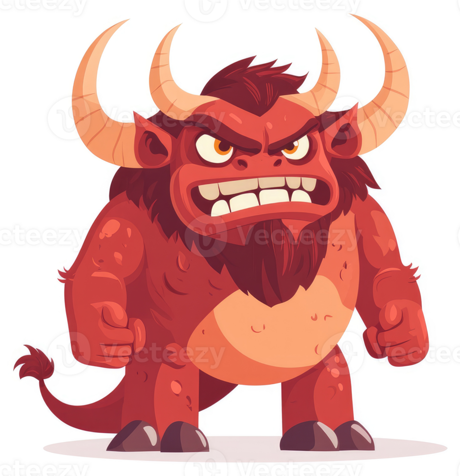 A fierce, cartoonish, red monster with horns and a menacing expression. png