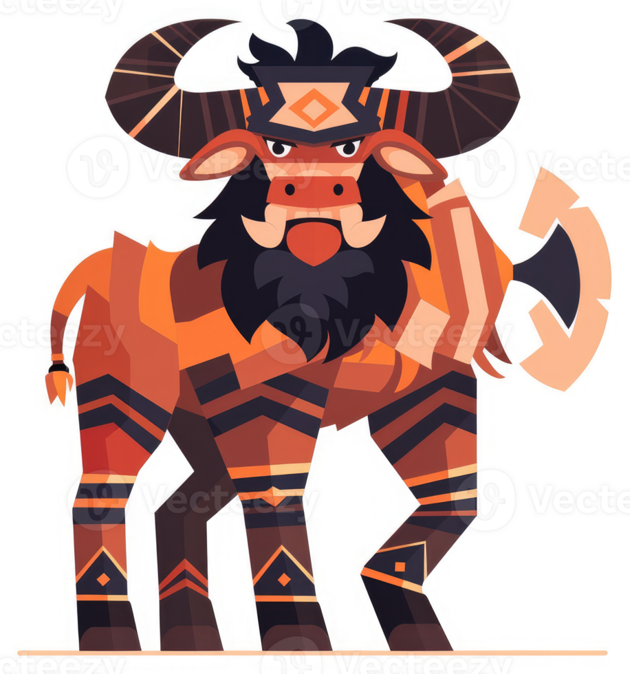 A stylized illustration of a tribal buffalo with patterned armor. png