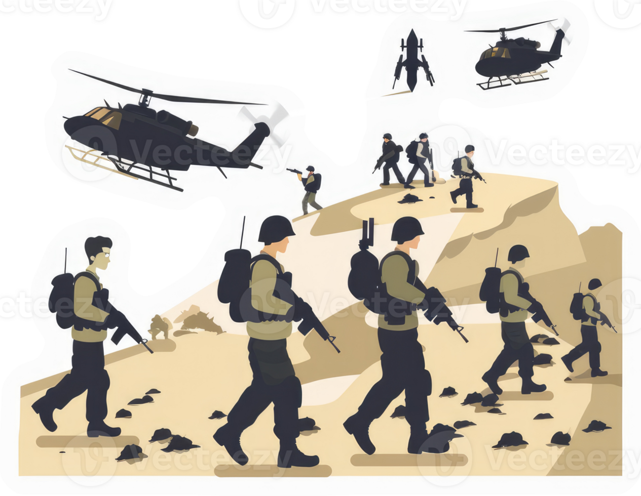 Military personnel on a desert mission with helicopters overhead. png