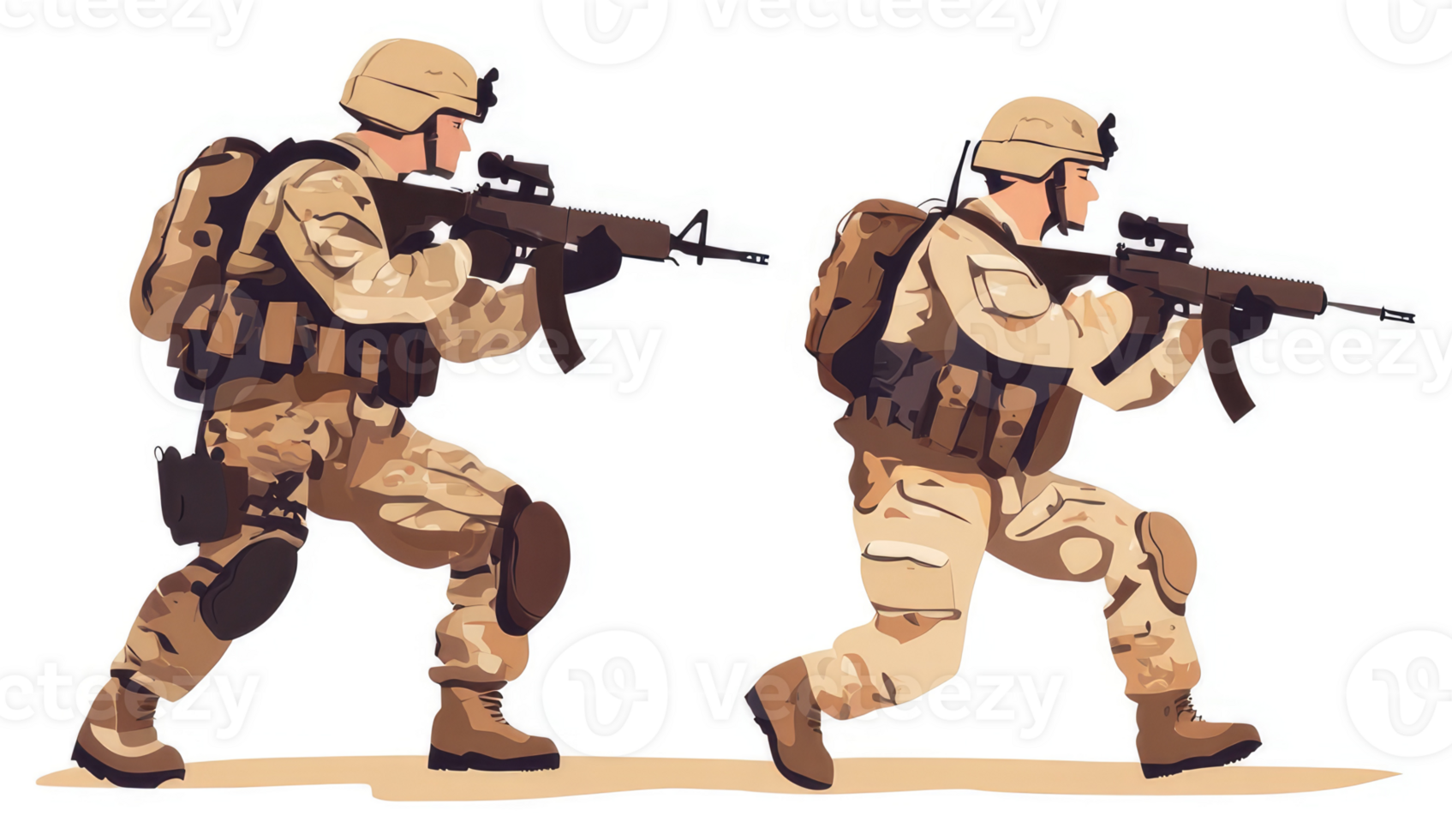 Two soldiers in camouflage uniforms, ready for combat. png