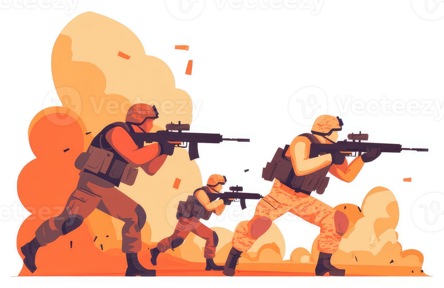 Armed soldiers in combat, engaging in a military operation. png