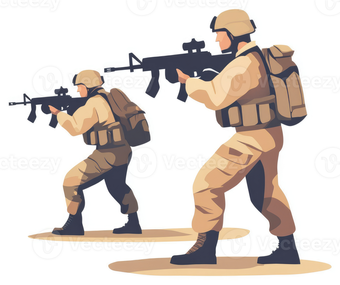 Two soldiers in combat posture, armed and ready. png