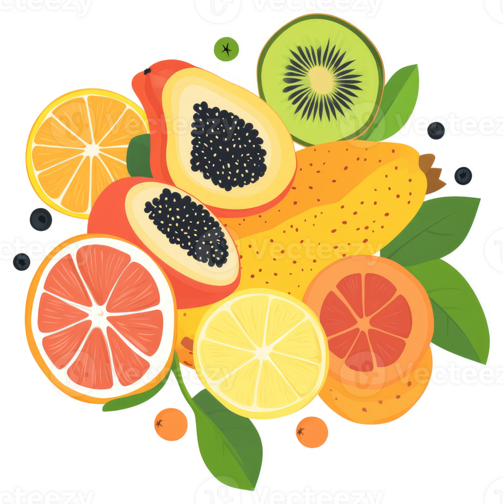 A vibrant display of sliced tropical and citrus fruits. png