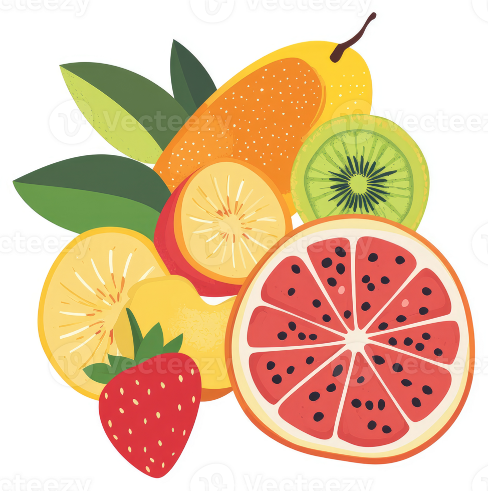 A vibrant display of sliced fruits, including mango, kiwi, grapefruit, orange, and strawberry. png