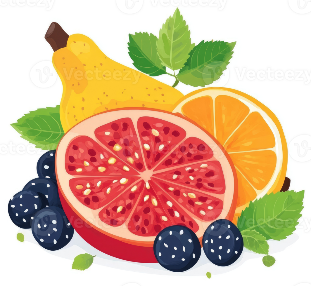 A vibrant assortment of sliced citrus fruits, a pear, and blackberries. png