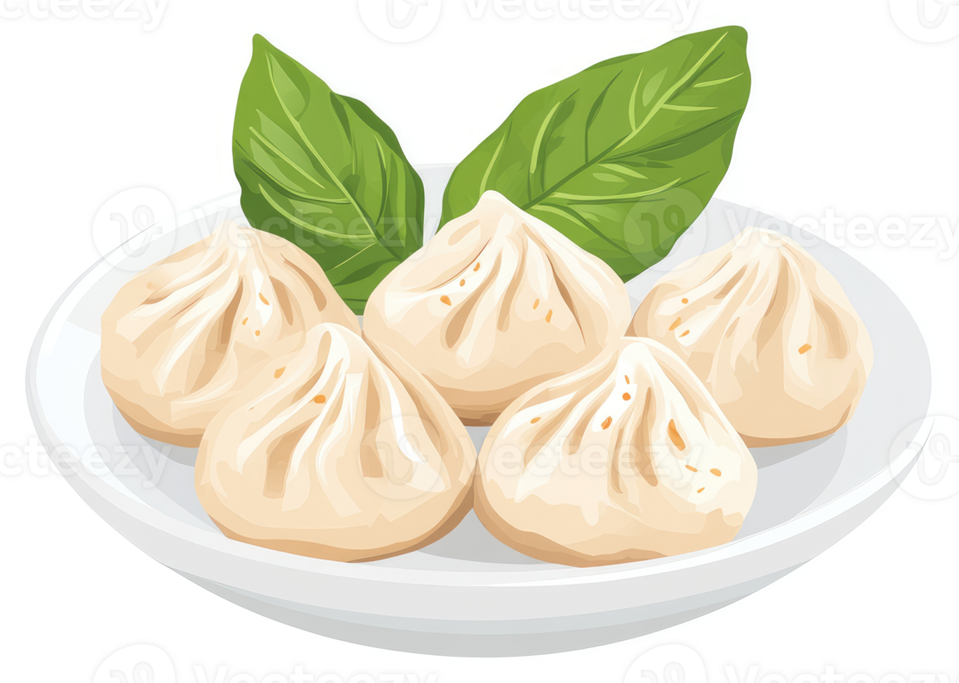 A plate of delicious, steamed dumplings garnished with fresh basil. png