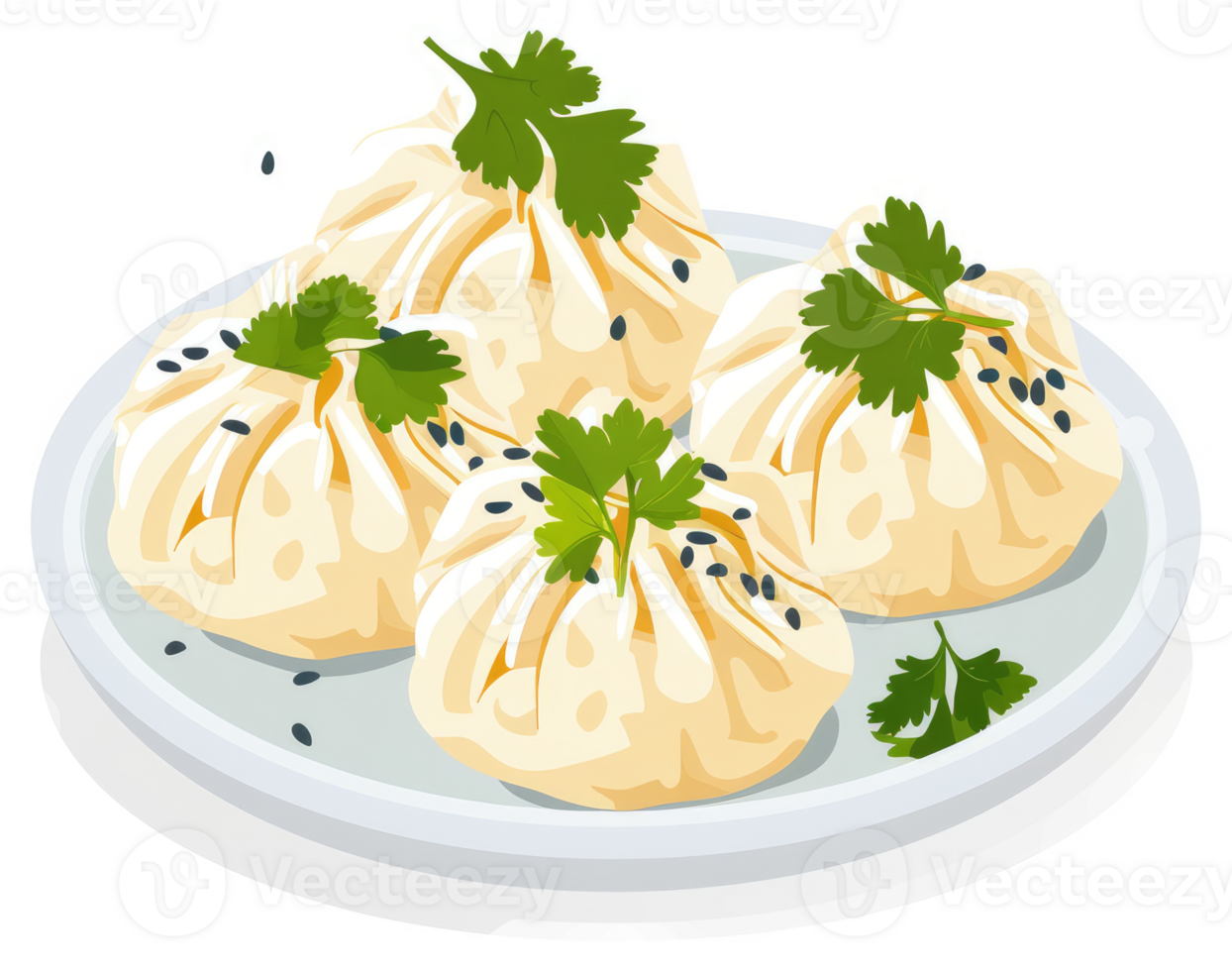 Three delicious steamed buns garnished with fresh cilantro and sesame seeds. png