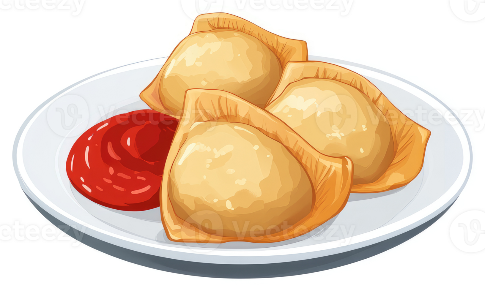 Three golden fried dumplings served with a side of ketchup. png