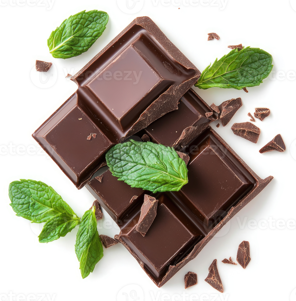 A delectable display of dark chocolate squares, accented with fresh mint leaves. png