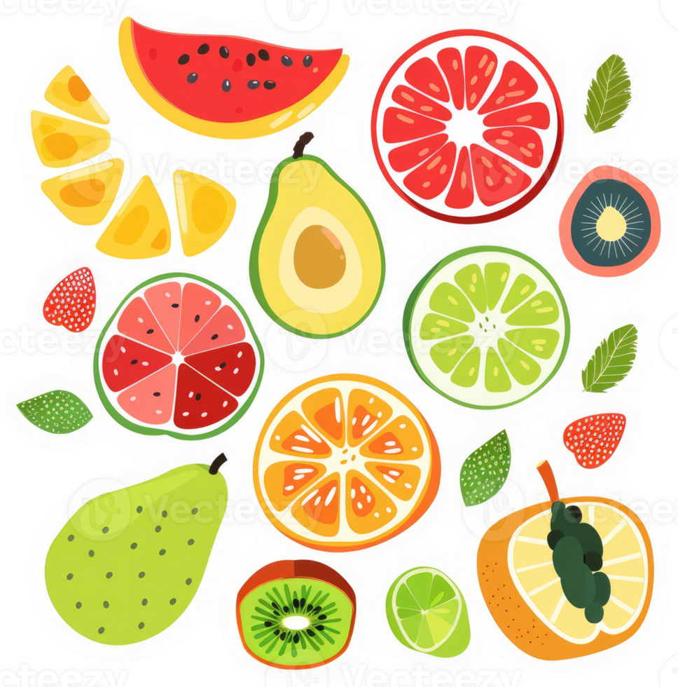 A vibrant array of colorful fruit slices and whole fruits. png