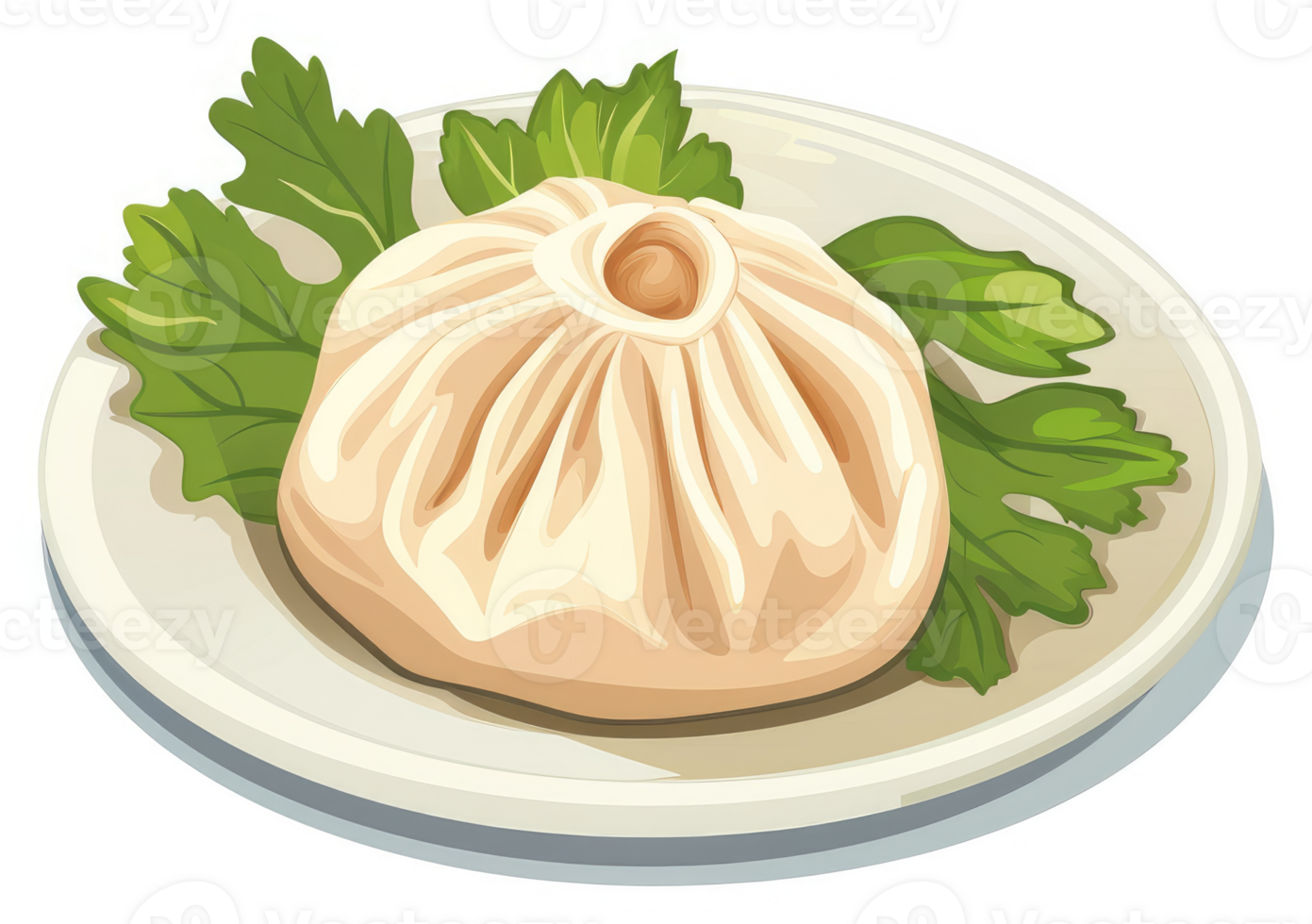 A plate of steamed dumpling with fresh herbs. png