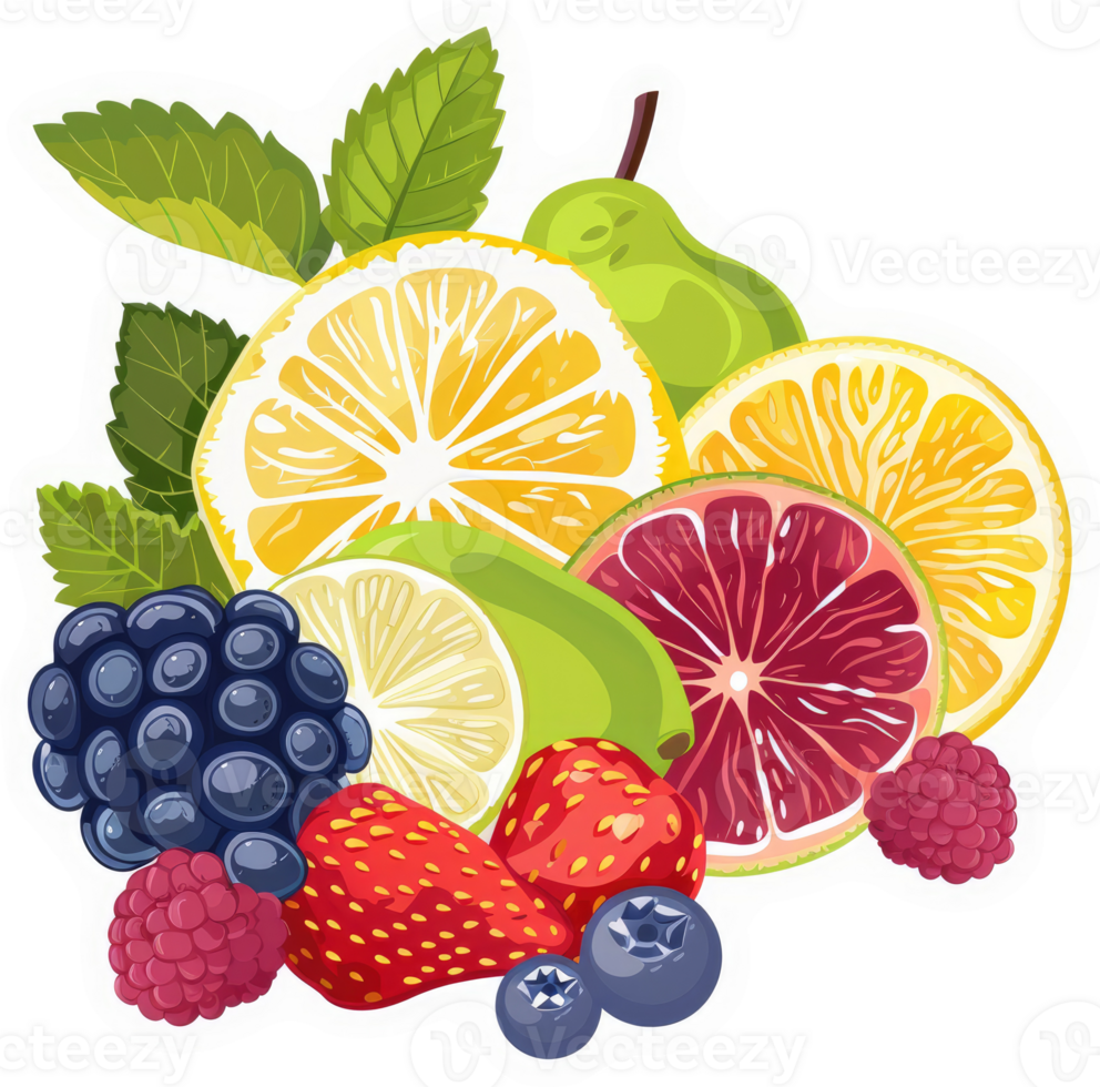 A colorful array of citrus fruits, berries, and other delicious fruits. png